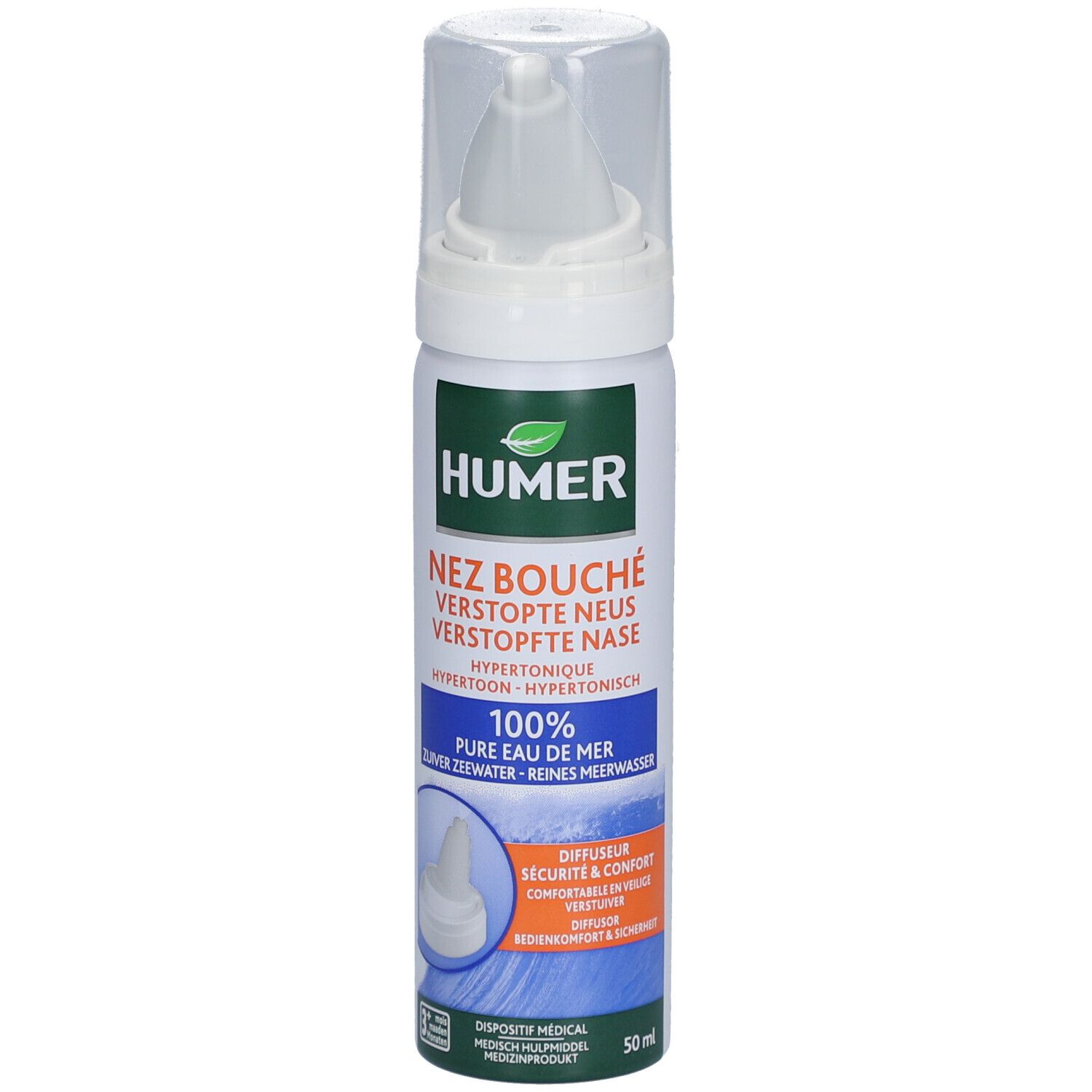 HUMER Nez Bouché. Flacon de spray nasal avec embout blanc. Texte: Nez Bouché, 100% eau de mer pure. 50 ml.
