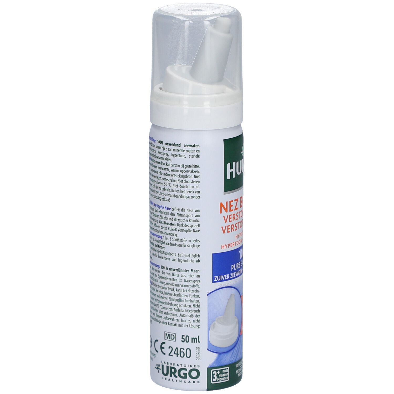HUMER Nez Bouché. Flacon de spray nasal avec embout blanc. Texte: Nez Bouché, 100% eau de mer pure. 50 ml. Texte au dos.