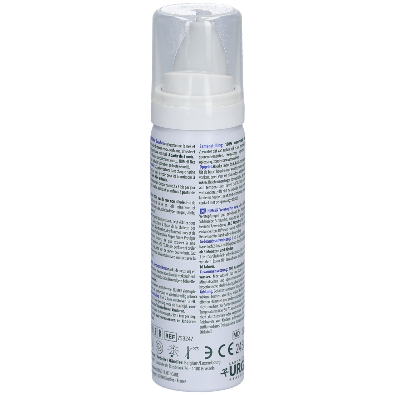Dos du flacon de spray nasal HUMER Nez Bouché. Texte et informations. Numéro de référence, numéro de lot, informations fabricant.