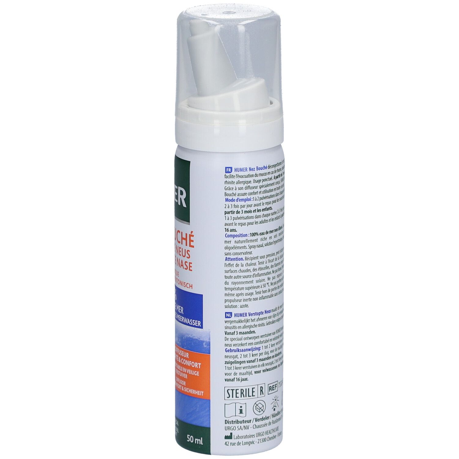 Flacon de spray nasal HUMER Nez Bouché. Texte: Nez Bouché, 100% eau de mer pure. Stérile. 50 ml. Texte au dos.
