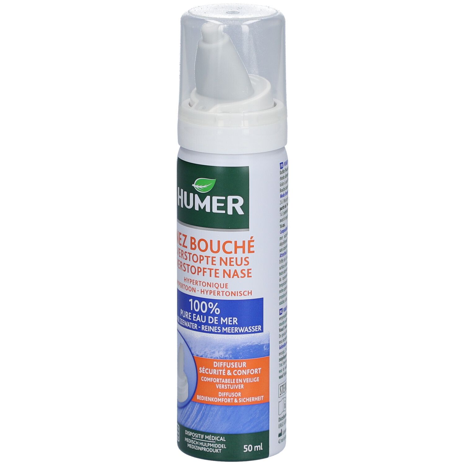 HUMER Nez Bouché. Flacon de spray nasal avec embout blanc. Texte: Nez Bouché, 100% eau de mer pure. 50 ml.