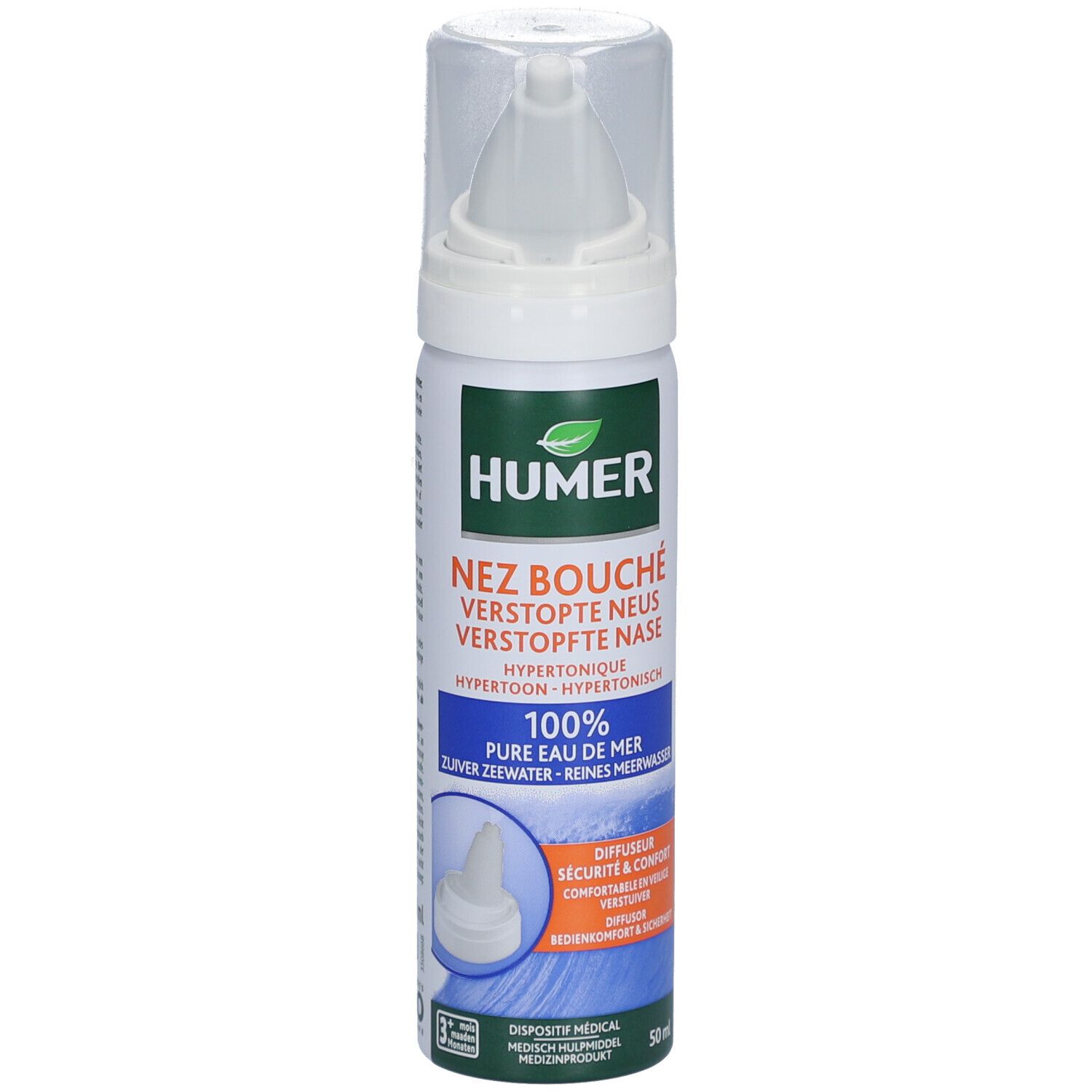 HUMER Nez Bouché. Flacon de spray nasal avec embout blanc. Texte: Nez Bouché, 100% eau de mer pure. 50 ml.