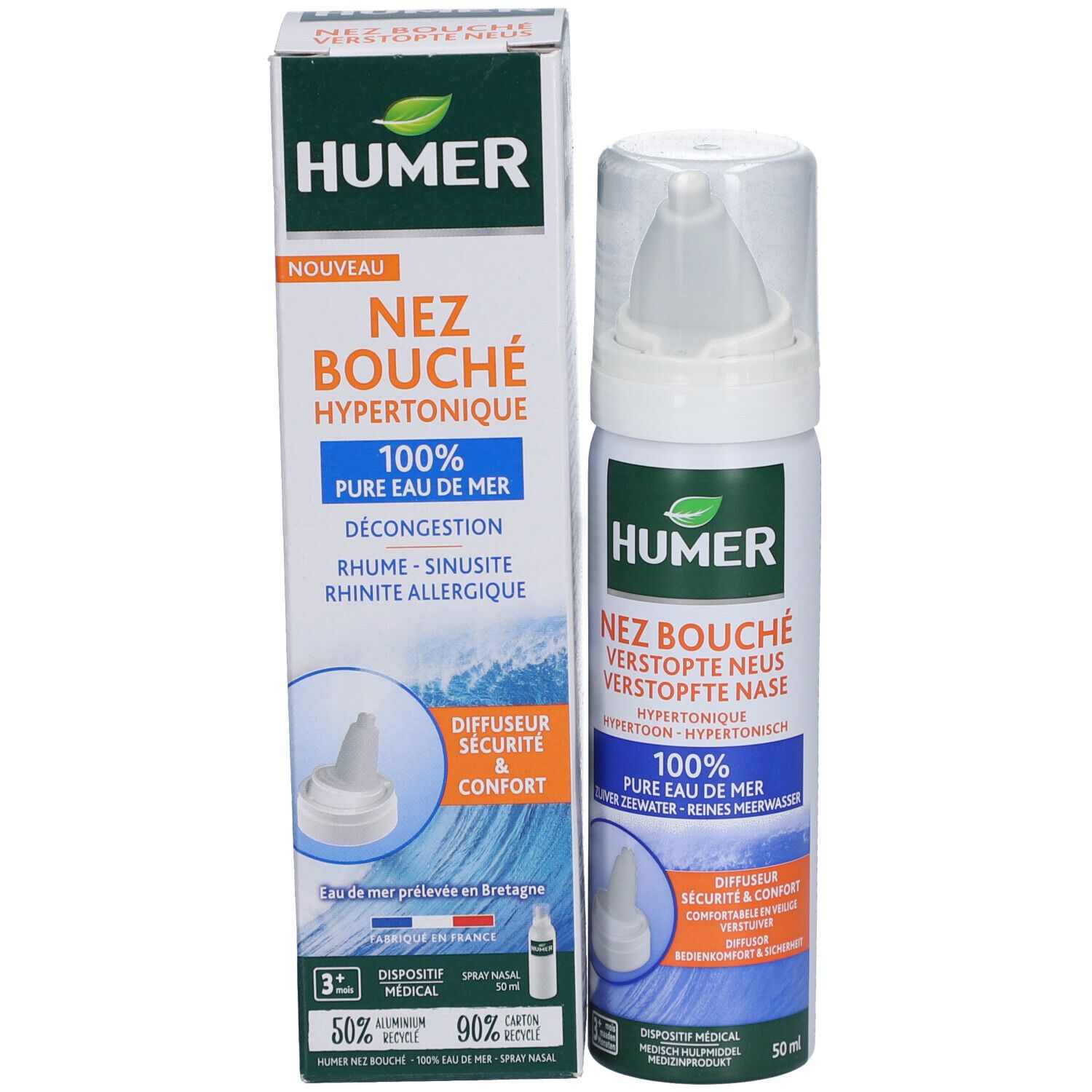 HUMER Nez Bouché spray nasal et emballage. Texte: Nez Bouché, 100% eau de mer pure. 50 ml. Boîte avec produit.
