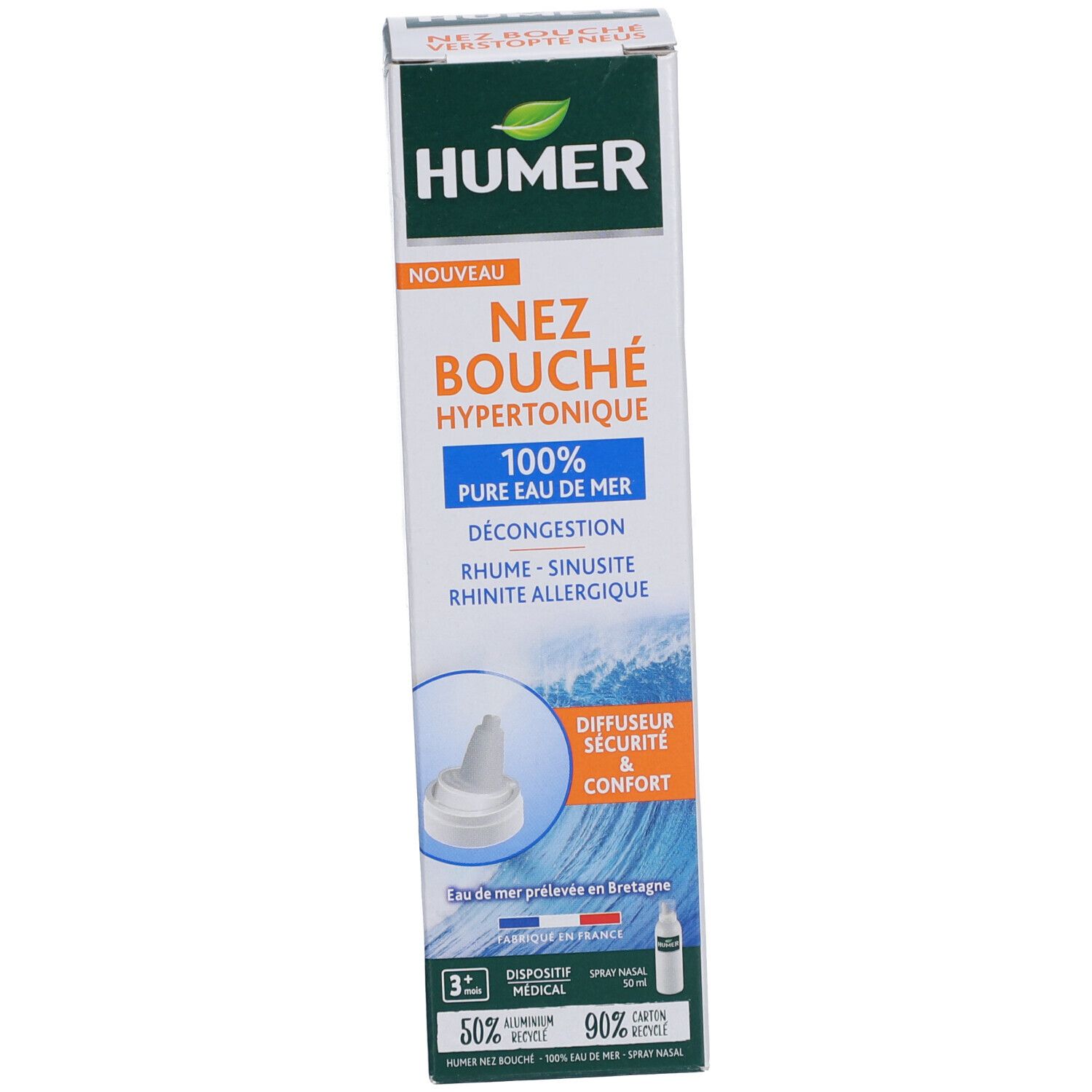 Emballage de HUMER Nez Bouché. Texte: Nez Bouché, 100% eau de mer pure. Boîte avec image du produit.