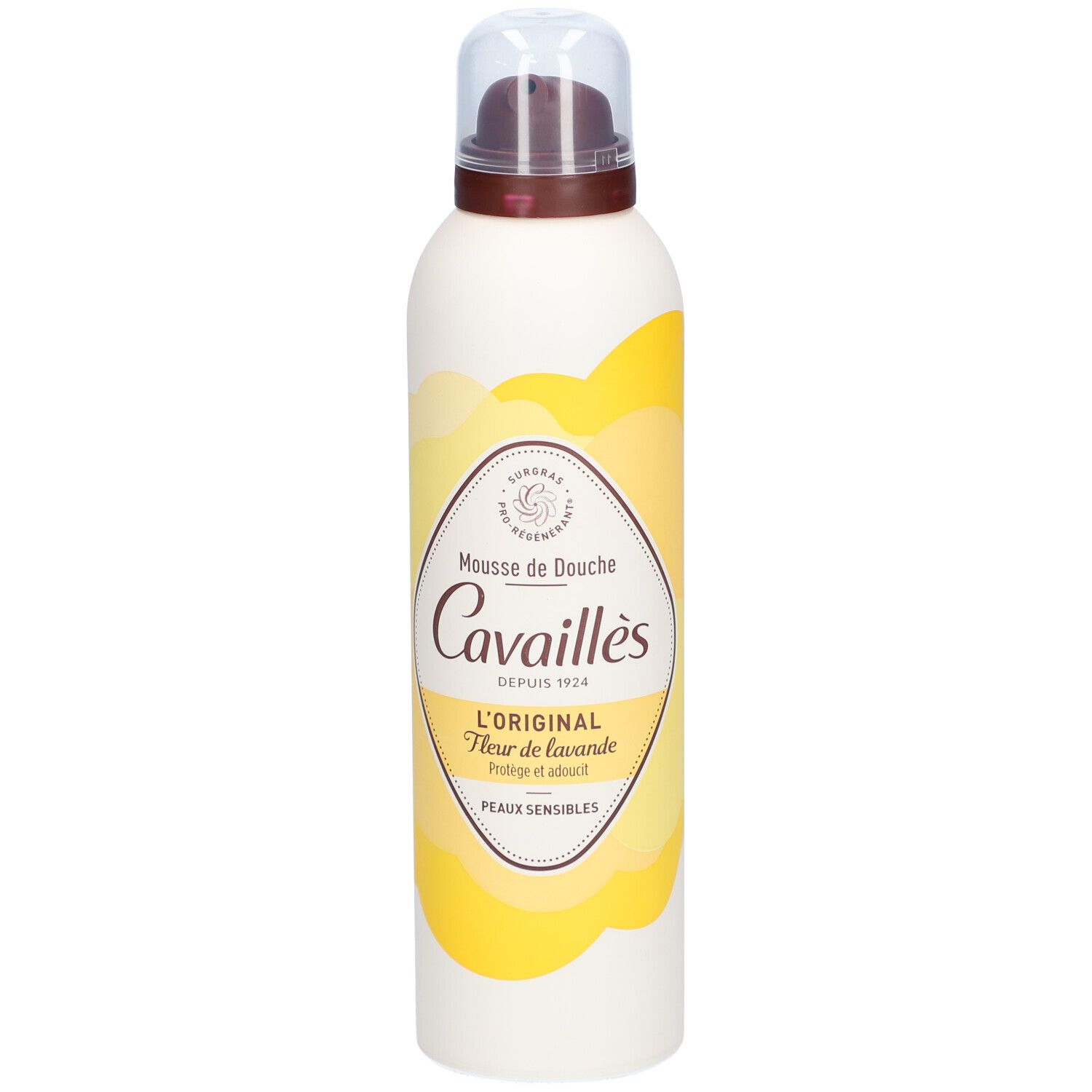 Flacon blanc et jaune Rogé Cavaillès Mousse de Douche. Inscription : L'Original Fleur de Lavande, Peaux sensibles.