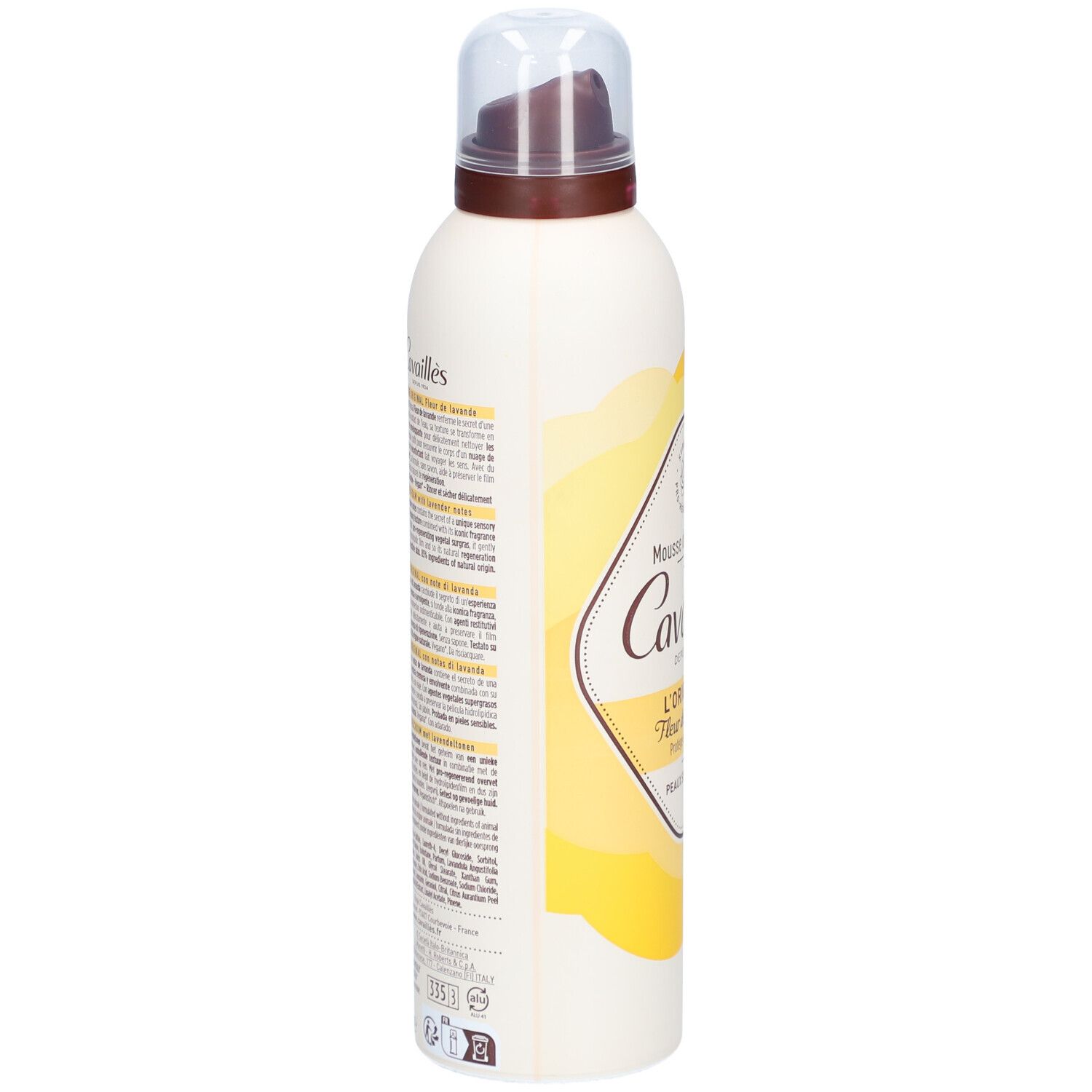 Vue latérale du flacon Rogé Cavaillès Mousse de Douche. Texte en français. Couleurs jaune et blanc.