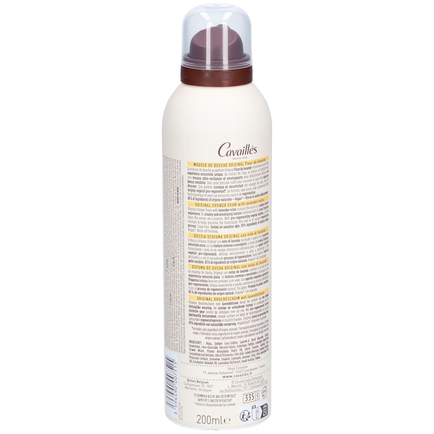 Vue arrière du flacon Rogé Cavaillès Mousse de Douche. Texte en français. Volume de 200 ml.
