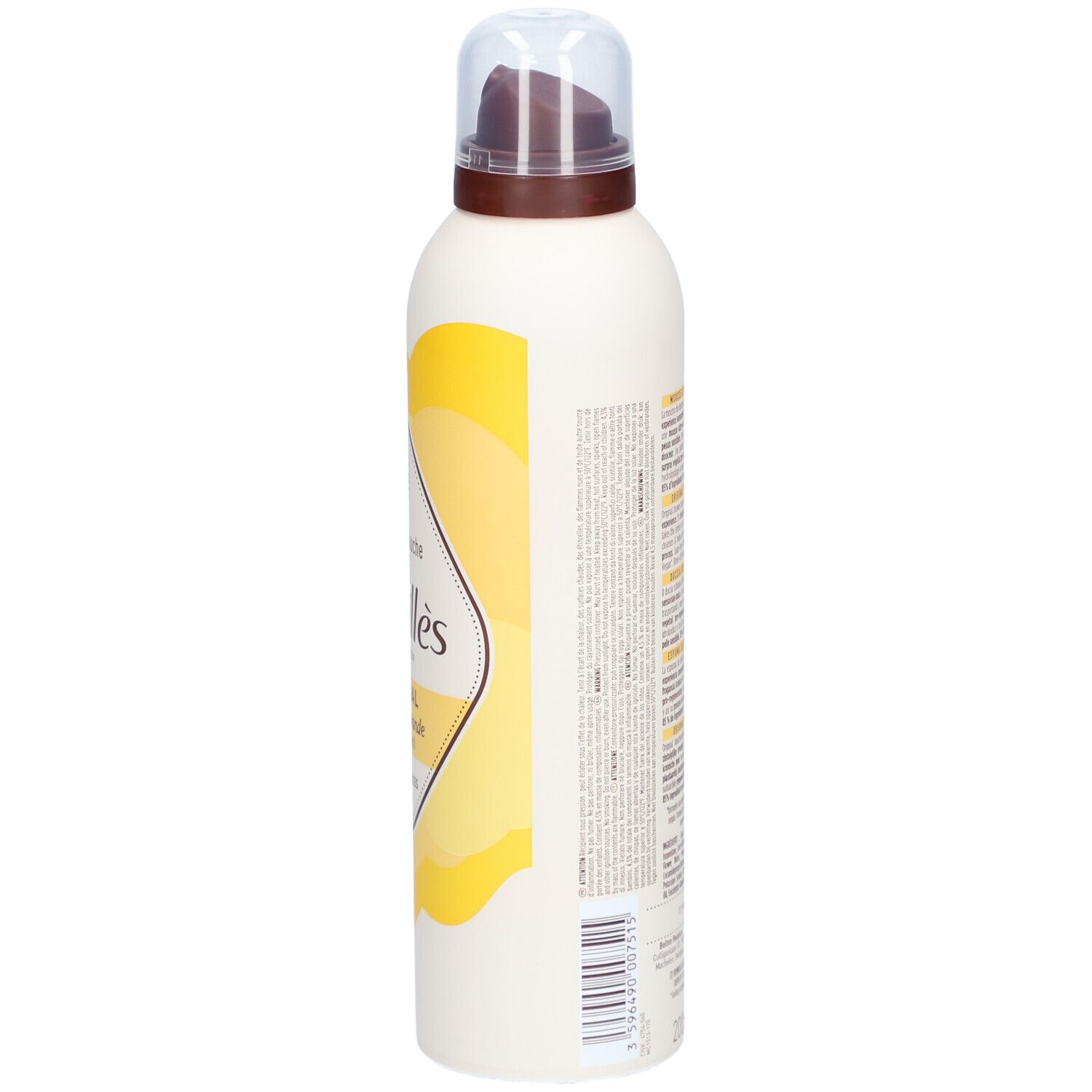 Vue latérale du flacon Rogé Cavaillès Mousse de Douche. Texte en français. Couleurs jaune et blanc.