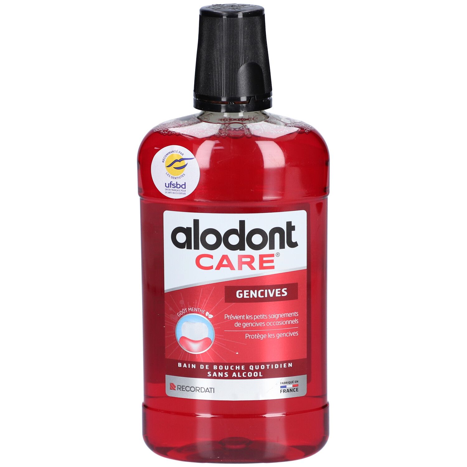 Bain de bouche rouge alodont CARE Gencives. Flacon avec bouchon noir. Label UFSBD.