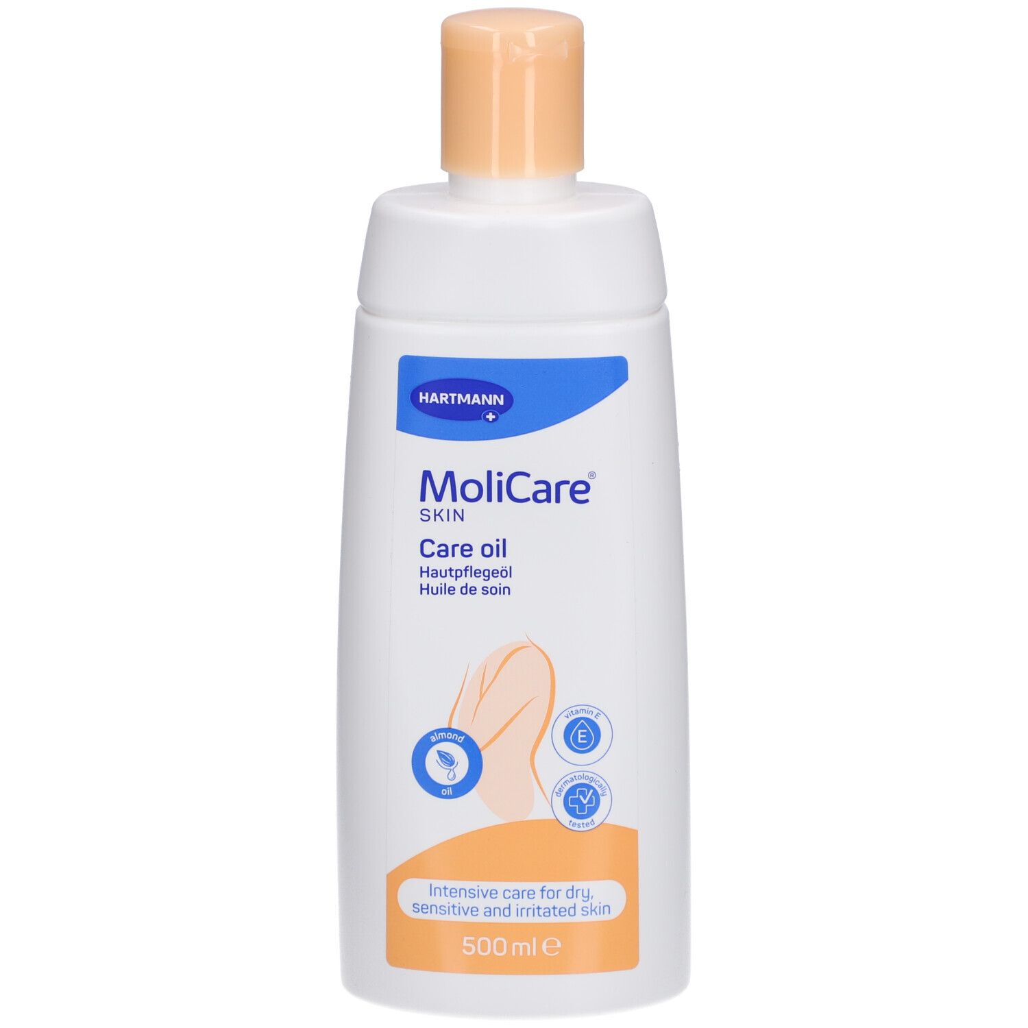Flacon blanc avec bouchon orange. Étiquette avec nom du produit, logo et informations. 500 ml.