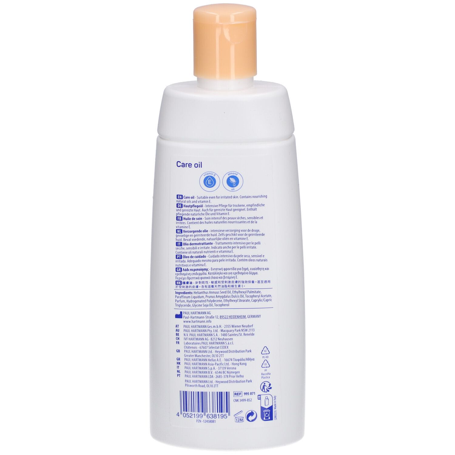 Dos du flacon blanc. Texte avec informations sur le produit et fabricant. Plusieurs symboles.
