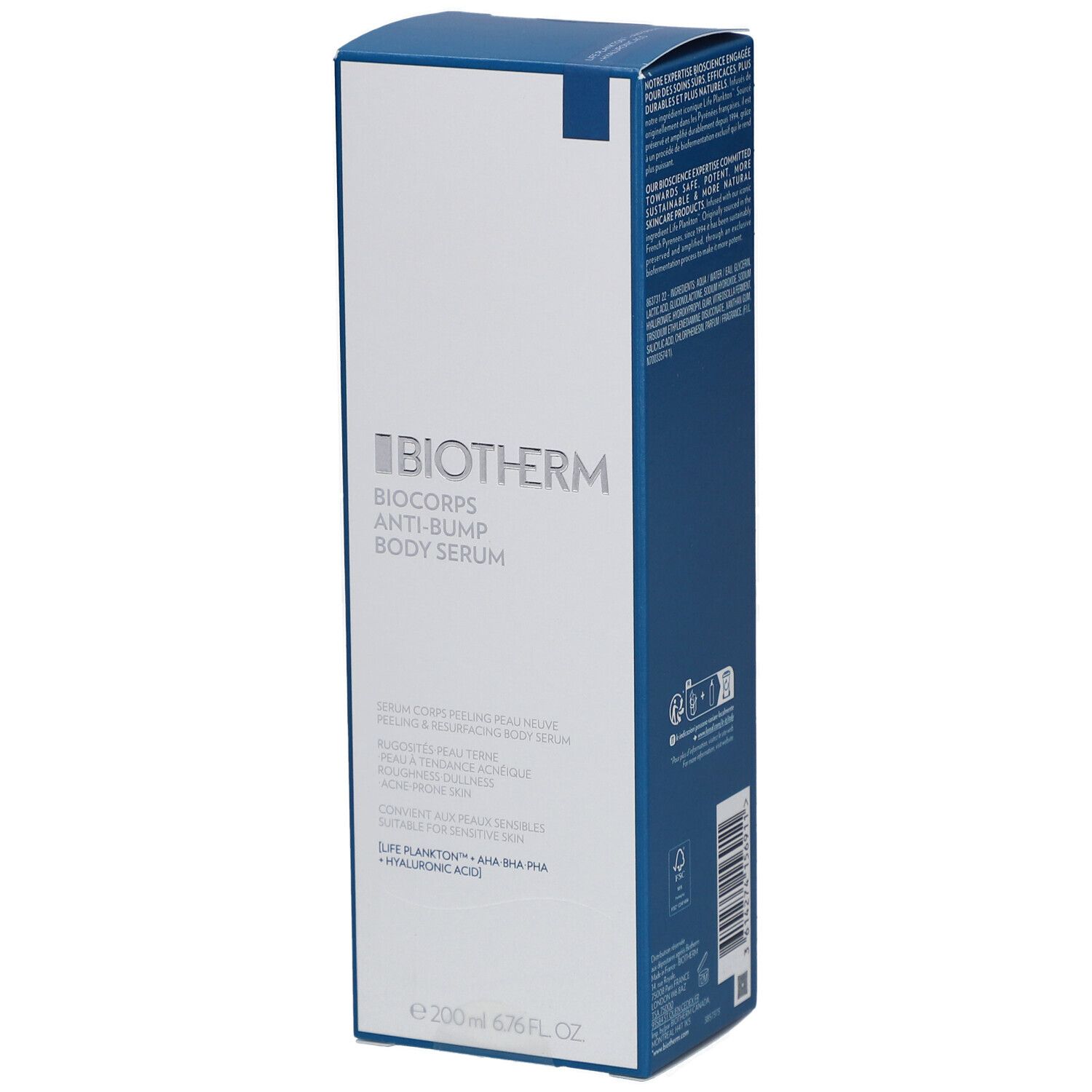 Boîte bleue et blanche. Logo BIOTHERM et nom du produit : BIOCORPS ANTI-BUMP BODY SERUM. Texte et indication de volume : 200 ml.