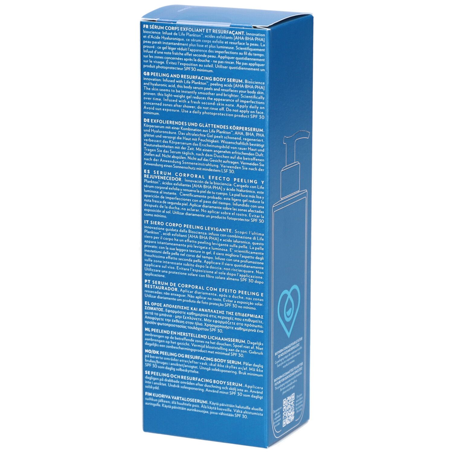 Emballage bleu. Texte en plusieurs langues : Sérum Corps Exfoliant et Lissant, Peeling and Resurfacing Body Serum, Serum Corporal Efecto Peeling.