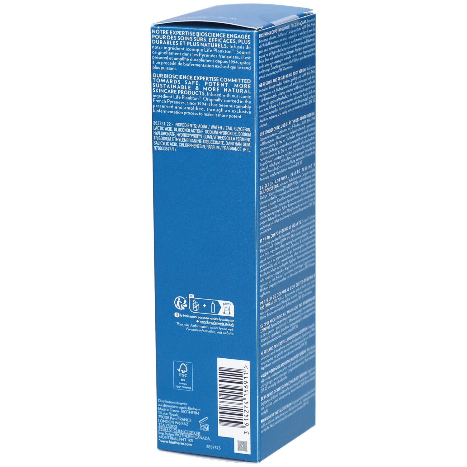 Emballage bleu. Texte : ingrédients, symboles de recyclage. Logo BIOTHERM. Indication de volume : 200 ml.