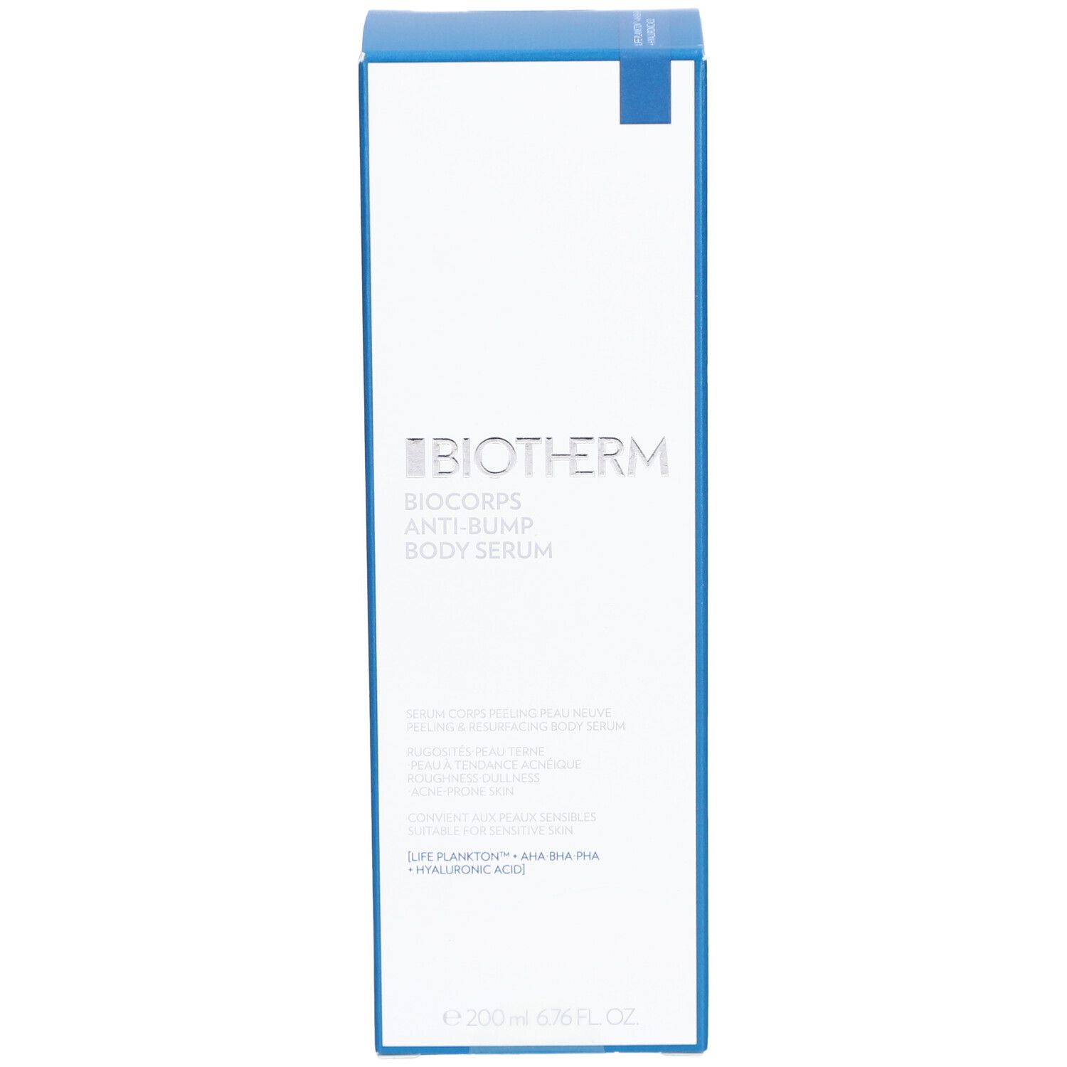 Emballage bleu et blanc. Logo BIOTHERM et nom du produit : BIOCORPS ANTI-BUMP BODY SERUM. Indication de volume : 200 ml.