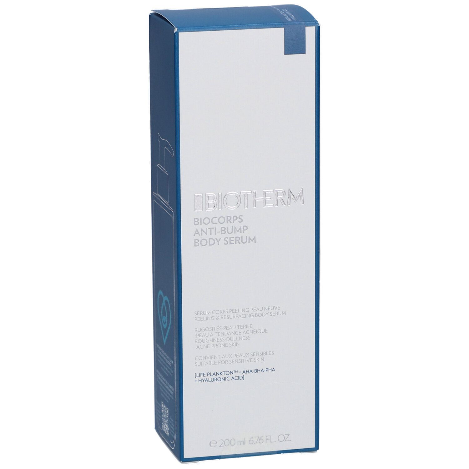 Emballage bleu et blanc. Logo BIOTHERM et nom du produit : BIOCORPS ANTI-BUMP BODY SERUM. Indication de volume : 200 ml.