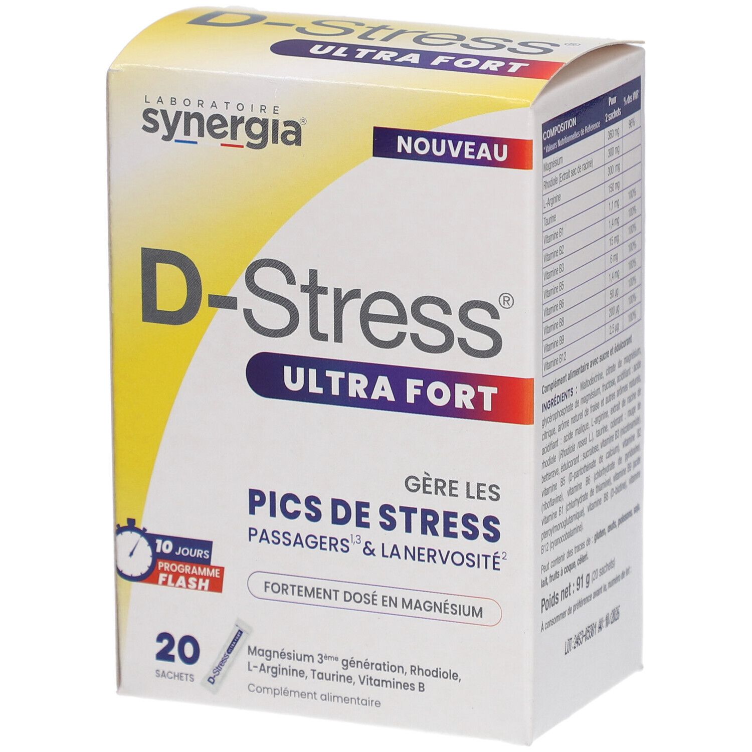 Boîte de complément alimentaire "D-Stress Ultra Fort". Contient 20 sachets. Inscription : "Gère les pics de stress".
