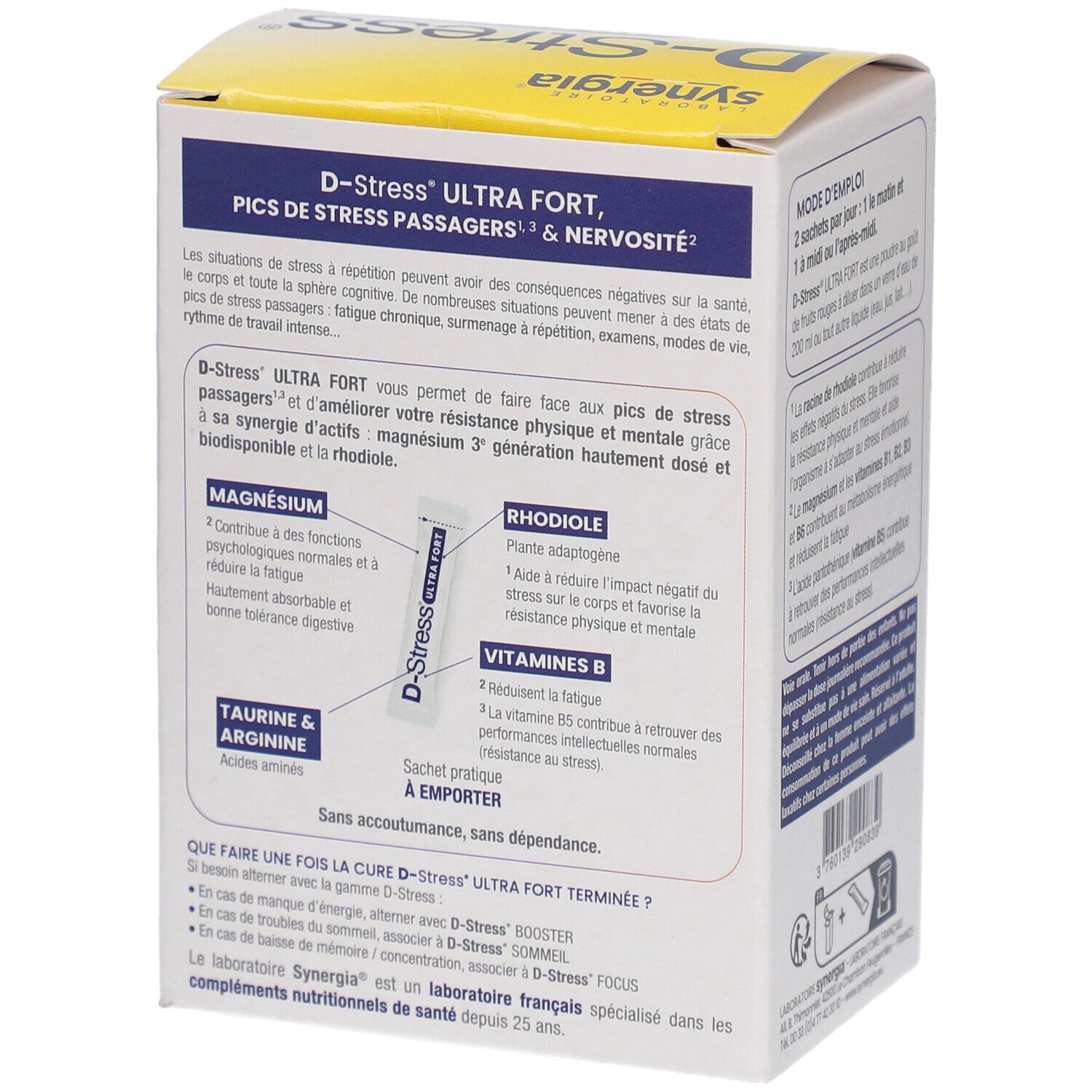 Côté de la boîte "D-Stress Ultra Fort". Affiche les ingrédients et les avantages. Contient un sachet.