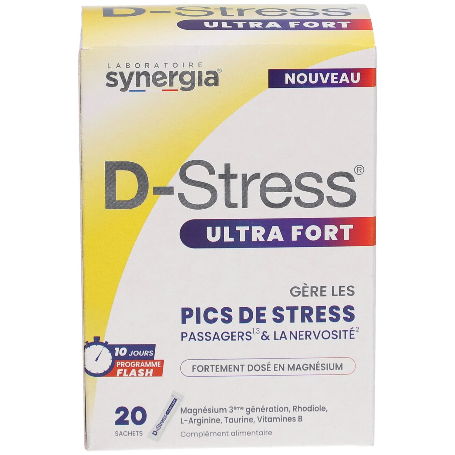 Face avant de la boîte "D-Stress Ultra Fort". Contient 20 sachets. Inscription : "Gère les pics de stress".