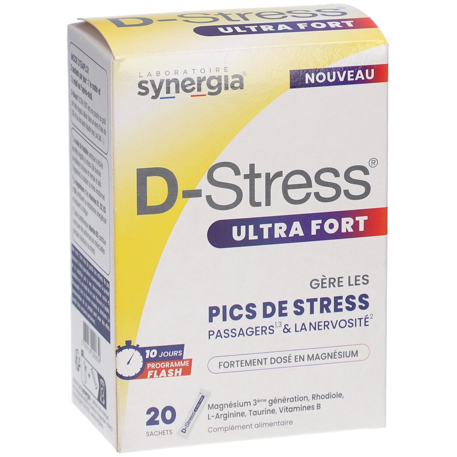 Face avant de la boîte "D-Stress Ultra Fort". Contient 20 sachets. Inscription : "Gère les pics de stress".