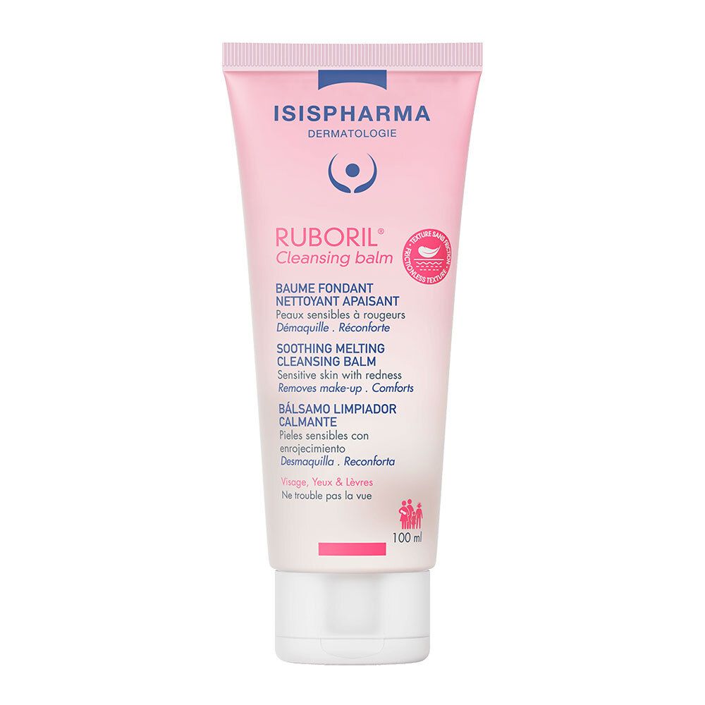 Rosa Tube mit ISISPHARMA-Logo und Produktnamen RUBORIL Cleansing balm. Enthält Text in mehreren Sprachen.