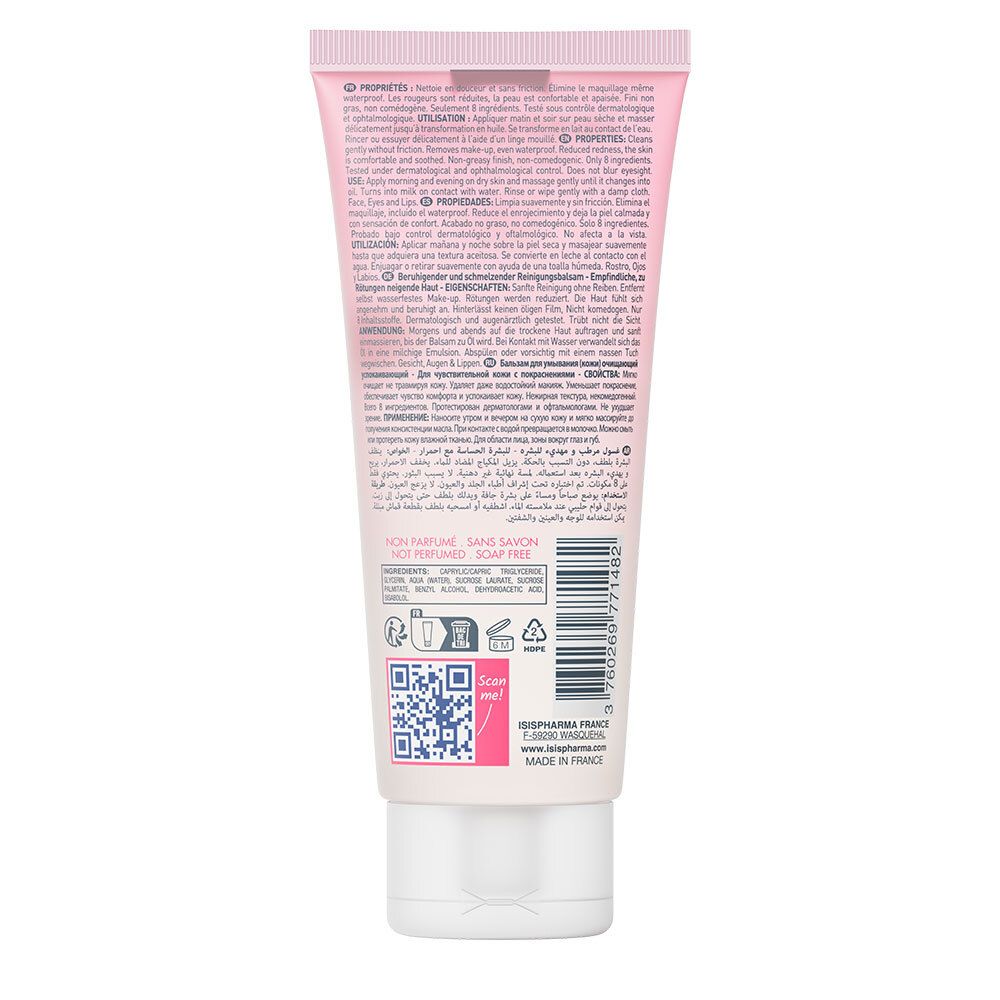 Rückseite einer rosa Tube. Text in mehreren Sprachen, QR-Code, und Informationen zu Inhaltsstoffen.
