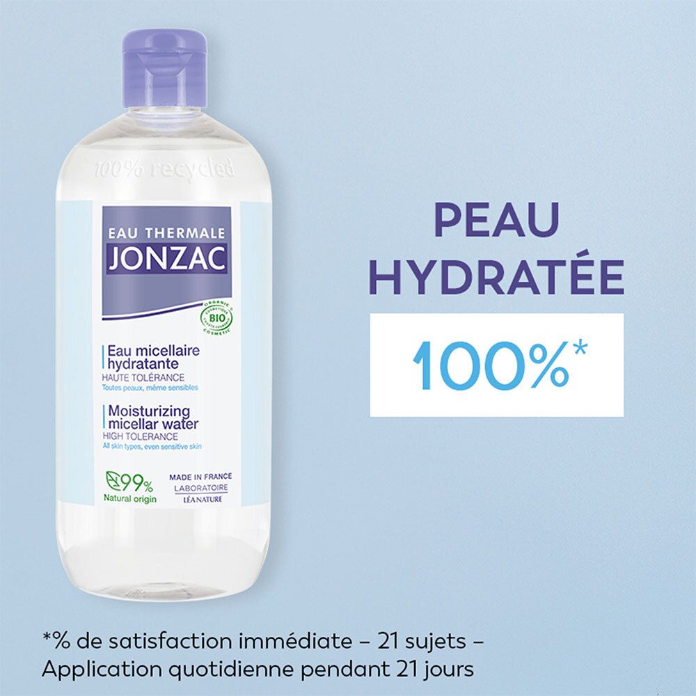 Rückseite der Jonzac Eau Micellaire Hydratante Bio Flasche. Inhaltsstoffe, Zertifizierungen, Herkunft.