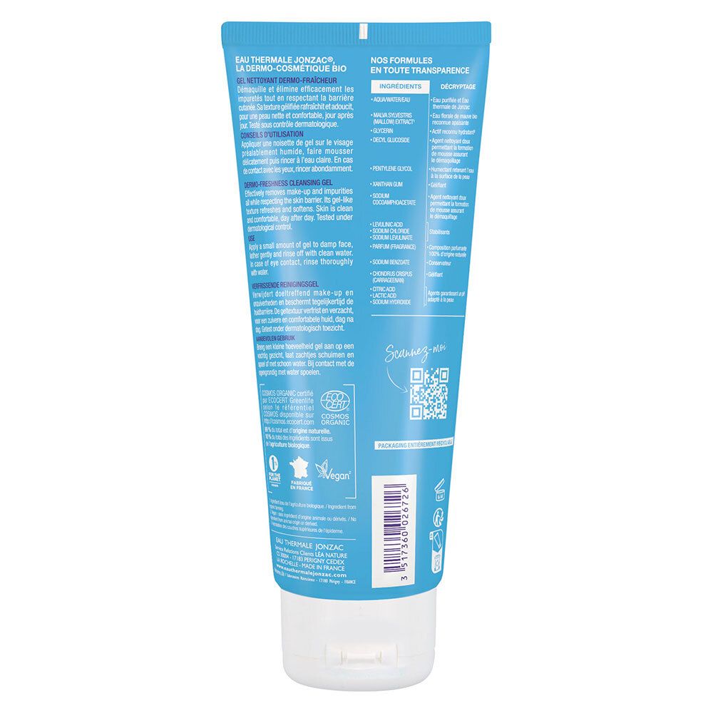 Rückseite einer blauen Tube. Text: Produktinformationen, Inhaltsstoffe, Gebrauchsanweisung. Bio-Zertifizierung, QR-Code, Barcode.