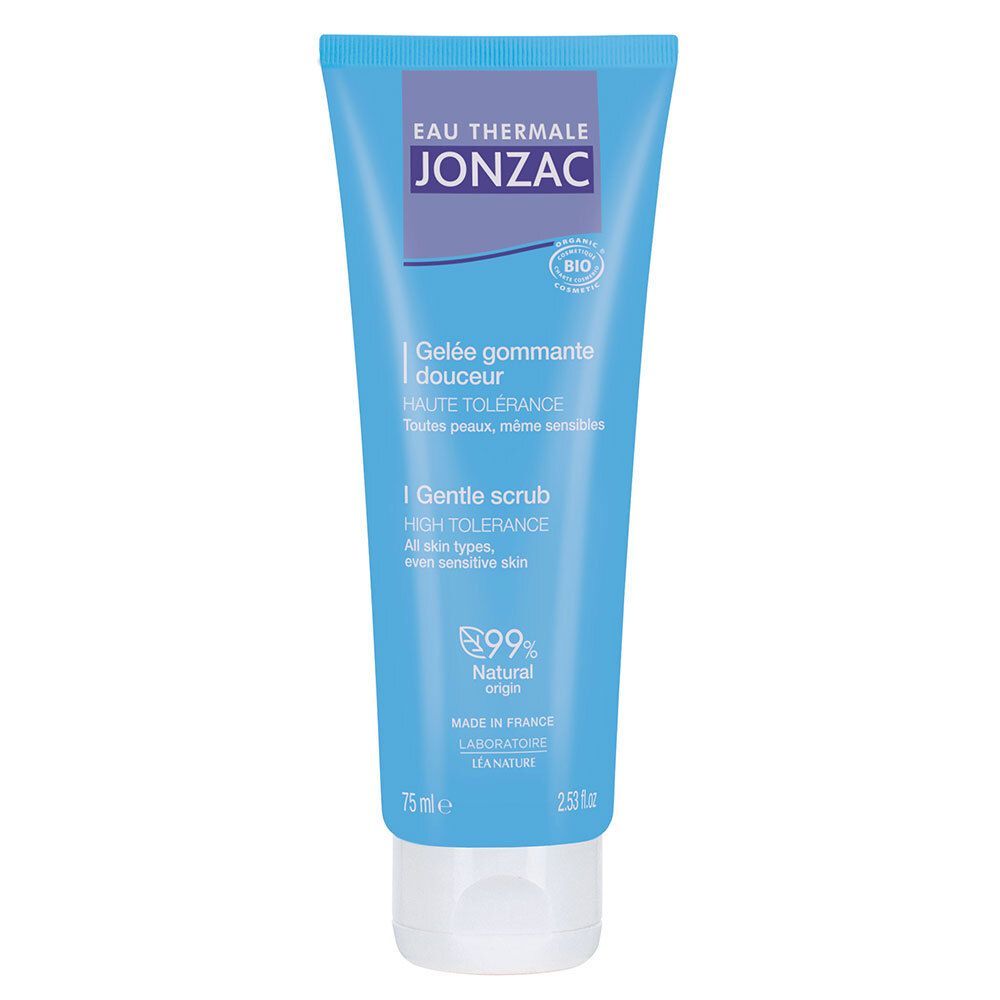Tube bleu clair avec informations produit. En haut à gauche: marque Jonzac. Texte: Gelée gommante douceur, Haute tolérance. Certification Bio.