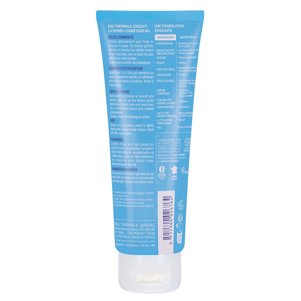 Dos d'un tube bleu clair. Texte: Eau Thermale Jonzac, Gelée gommante. Ingrédients, mode d'emploi. Certification Bio.