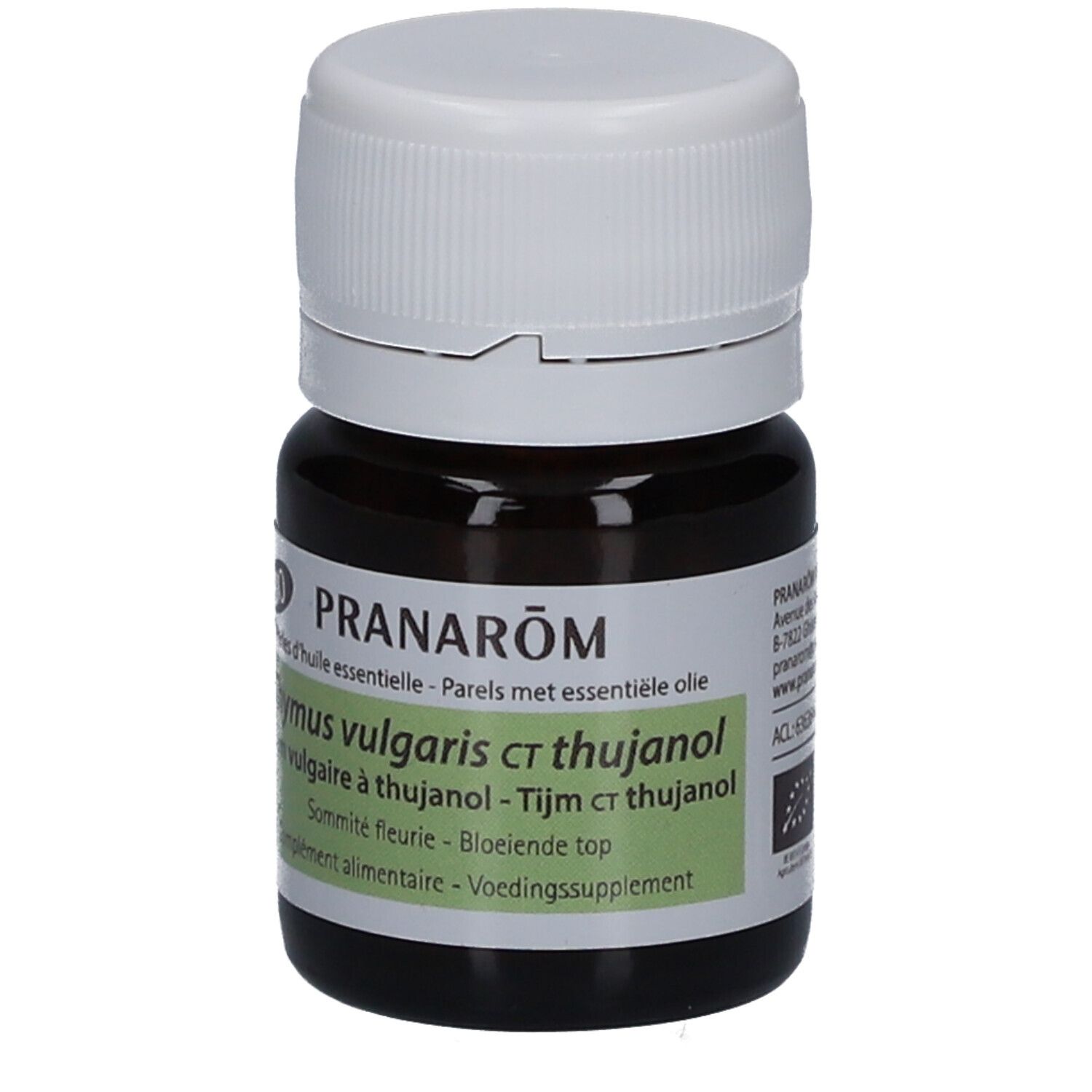 Flacon en verre brun avec bouchon blanc. Inscription: PRANAROM, Thymus vulgaris ct thujanol. Étiquette verte avec texte.