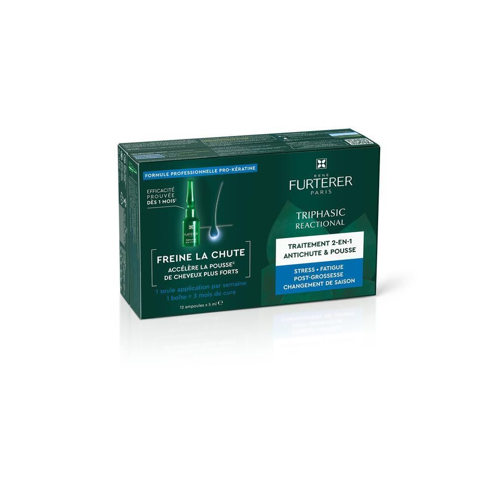 Boîte d'ampoules. Rene Furterer Triphasic Reactional. Texte.