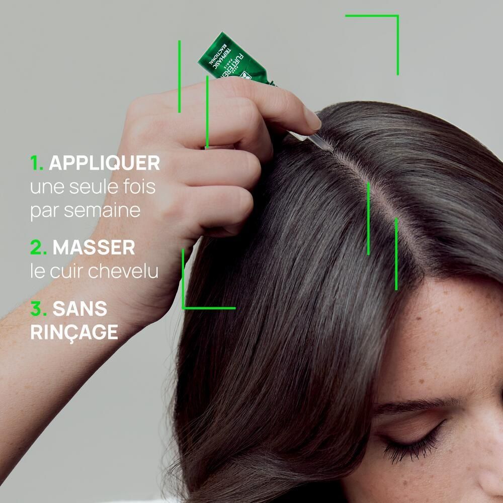 Application. Femme avec produit sur le cuir chevelu. Texte.