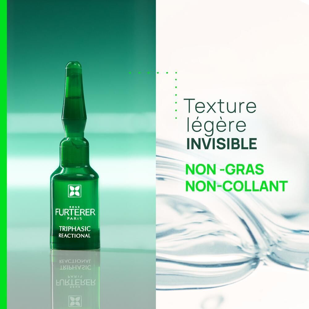 Ampoule verte. Rene Furterer Triphasic Reactional. Texte.