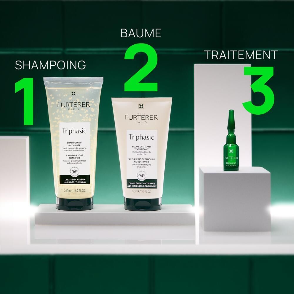 Shampooing, baume, ampoule. Rene Furterer Triphasic. Produits.