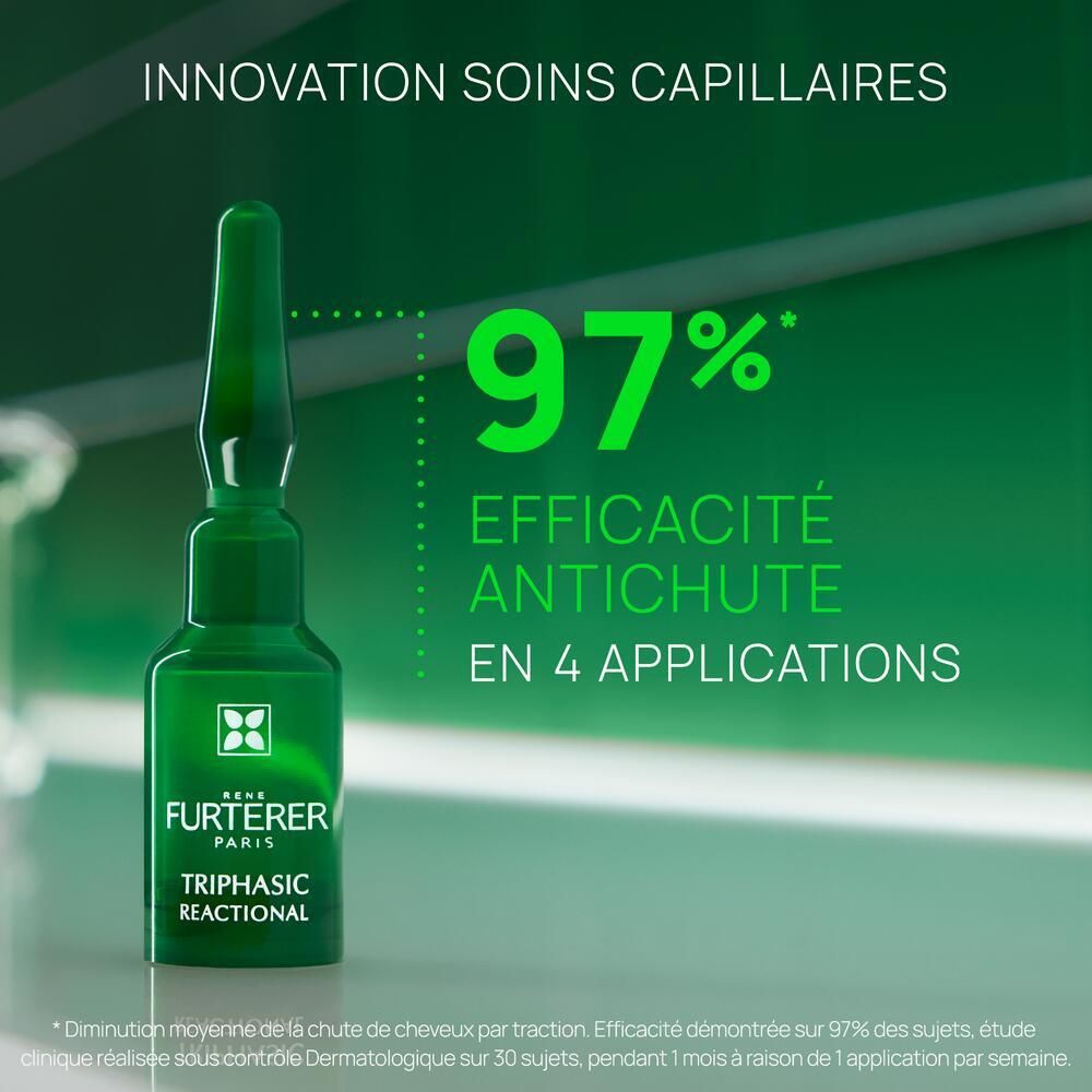 Ampoule verte. Rene Furterer Triphasic Reactional. Texte.