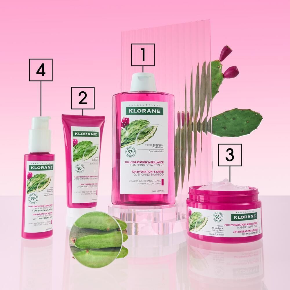 Gamme de produits Klorane Kaktusfeige. Shampooing, après-shampooing, masque et sérum. Emballage rose et vert.