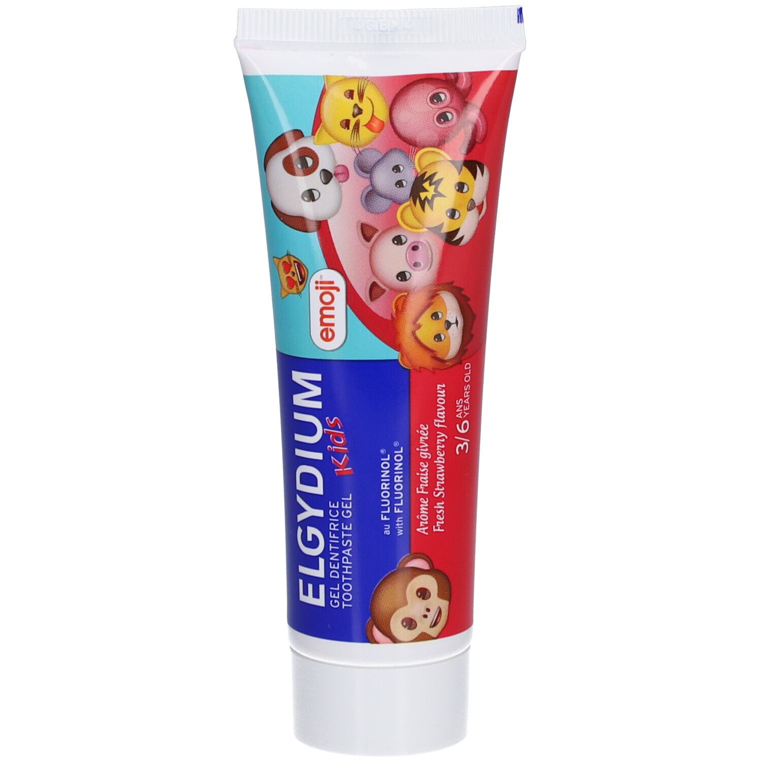Tube de dentifrice pour enfants. Design bleu-rouge-blanc avec illustrations d'emojis. Contient du Fluorinol. Goût fraise. Pour enfants 3/6 ans.