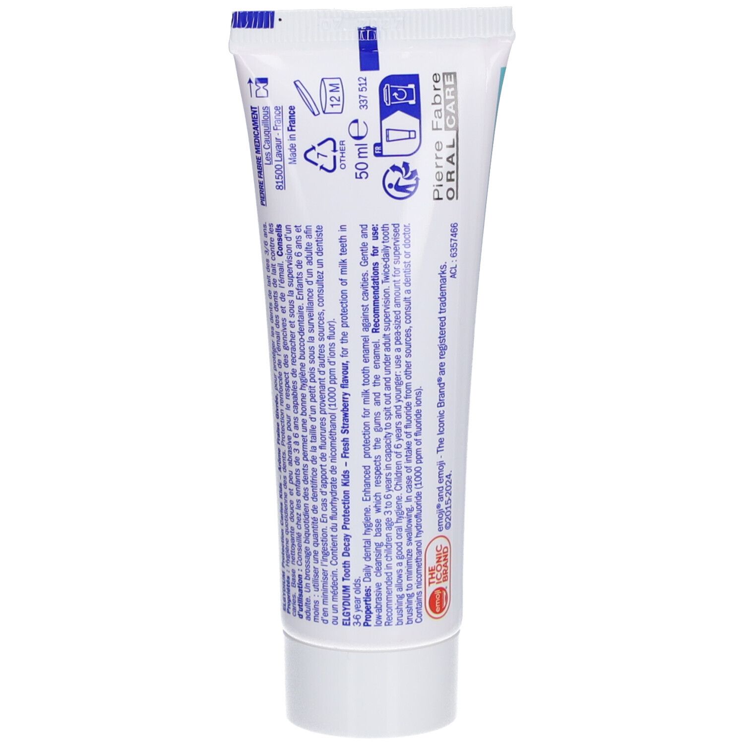 Dos du tube de dentifrice. Contient des informations sur les ingrédients, l'utilisation et le fabricant. 50 ml. Avec symboles de recyclage.