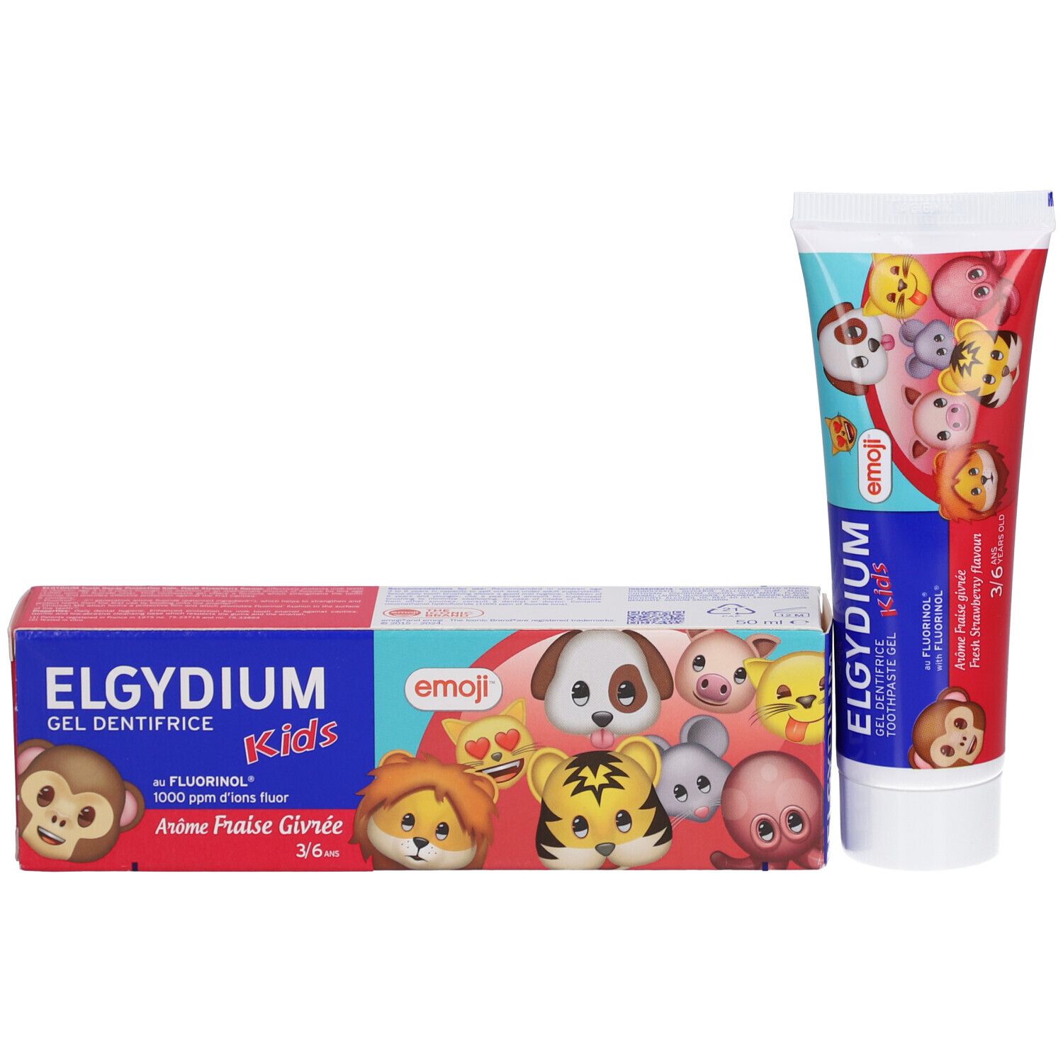 Tube et emballage de dentifrice. Les deux présentent des illustrations d'emojis et des informations sur le produit. Goût fraise. Pour enfants 3/6 ans.