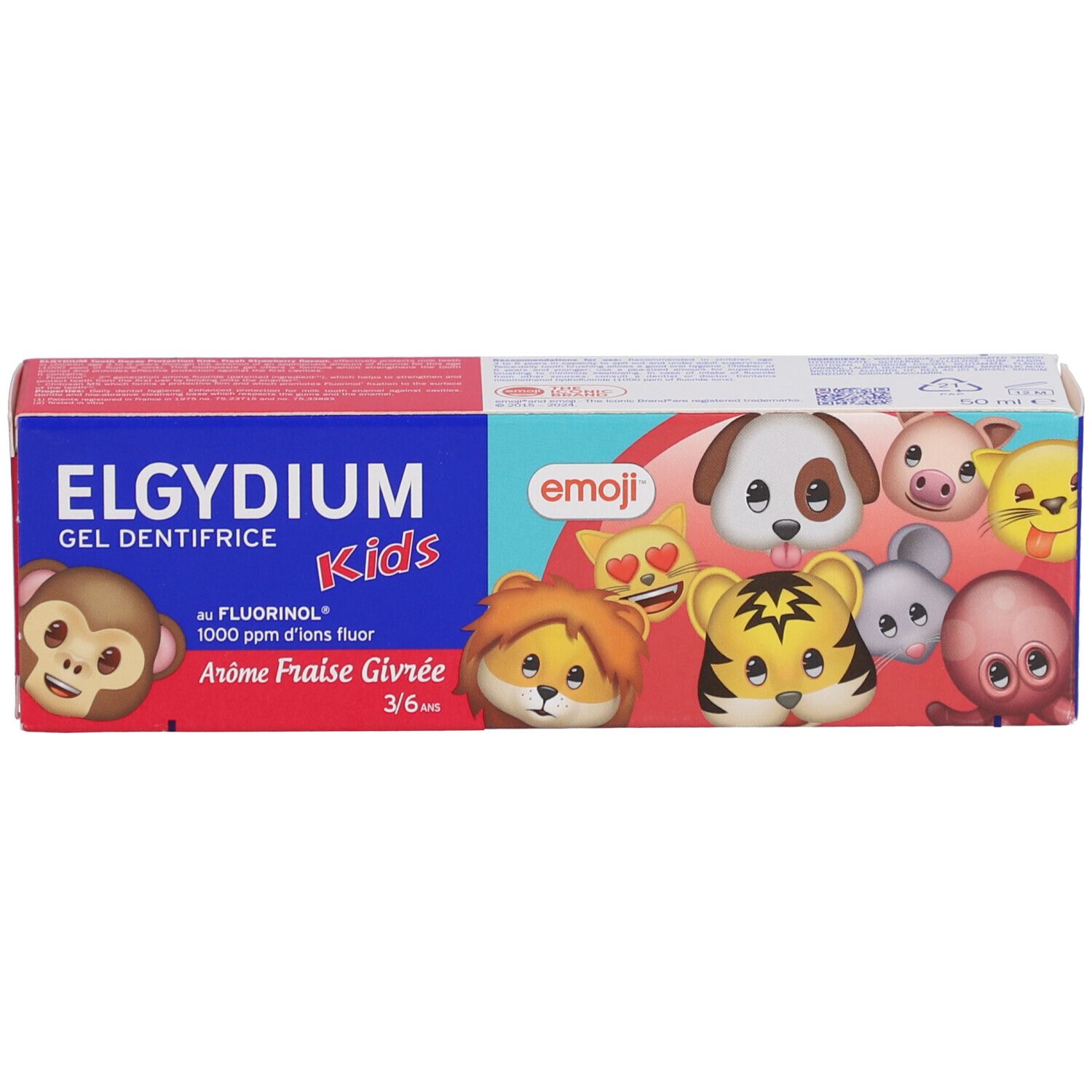 Emballage de dentifrice. Design bleu-rouge-blanc avec illustrations d'emojis. Contient du Fluorinol. Goût fraise. Pour enfants 3/6 ans.