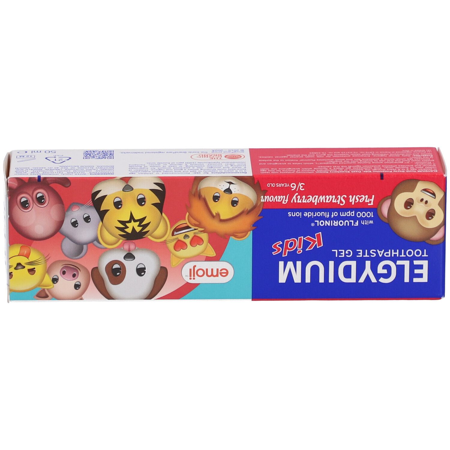 Emballage de dentifrice. Affiche des illustrations d'emojis et des informations sur le produit. Contient du Fluorinol. Goût fraise. 3/6 ans.