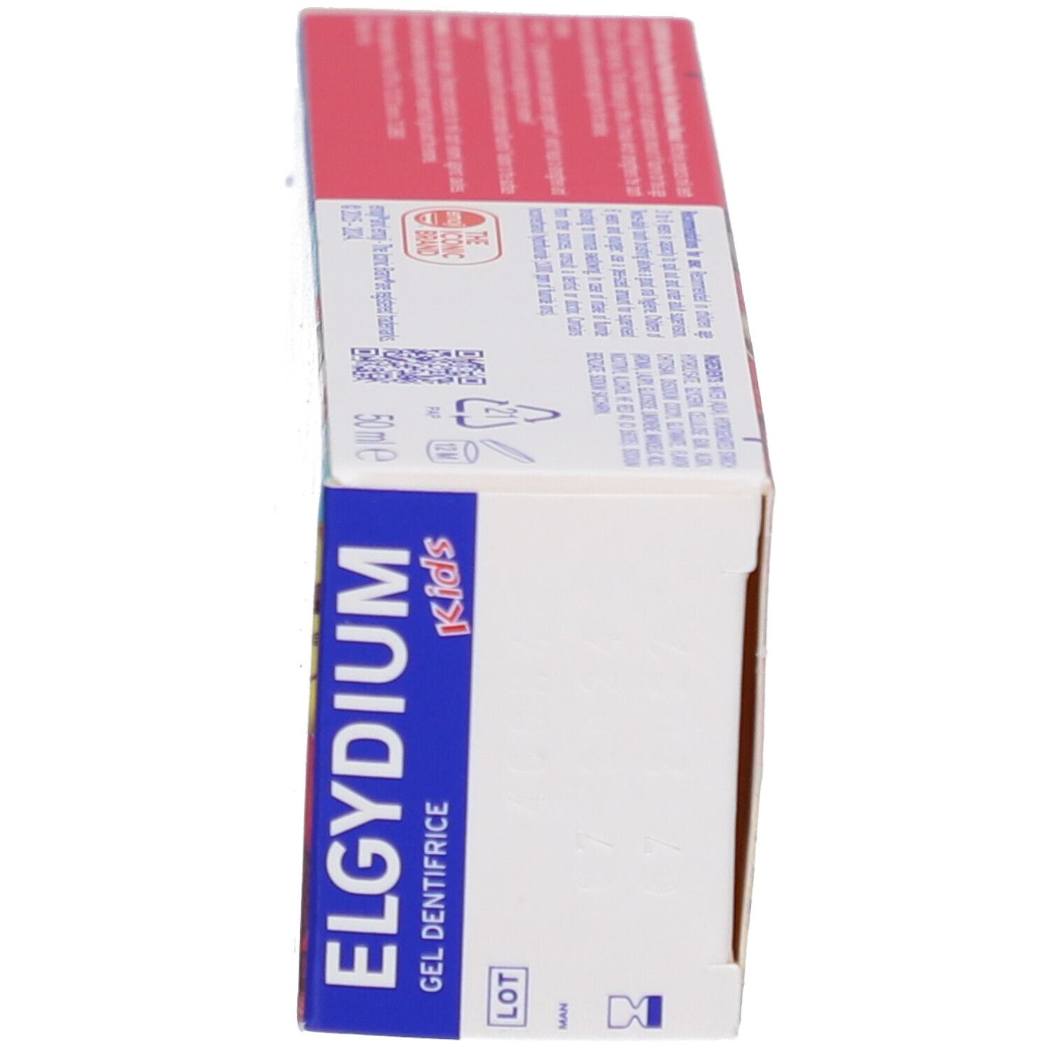 Vue latérale de l'emballage du dentifrice. Affiche le nom du produit et les informations du fabricant. Avec symboles de recyclage.
