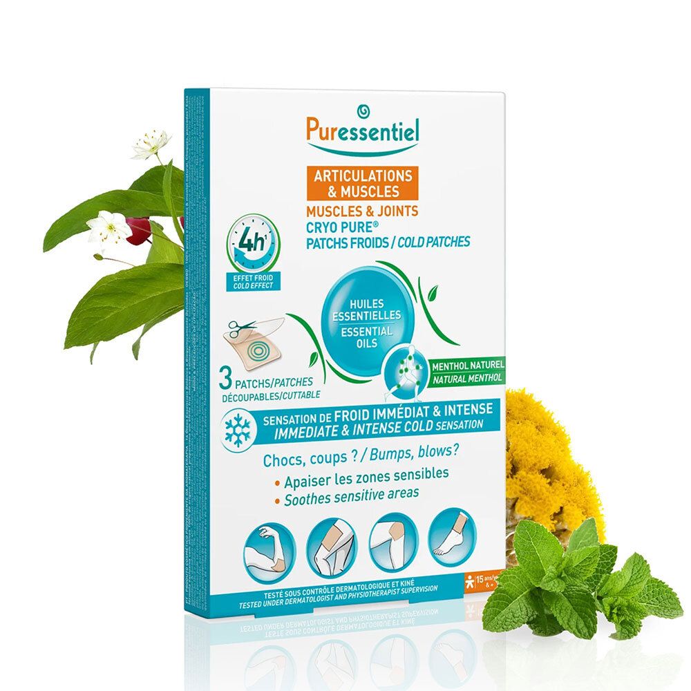 Boîte de patchs. Marque : Puressentiel. Texte : Articulations & Muscles, Cryo Pure. Plantes décoratives.