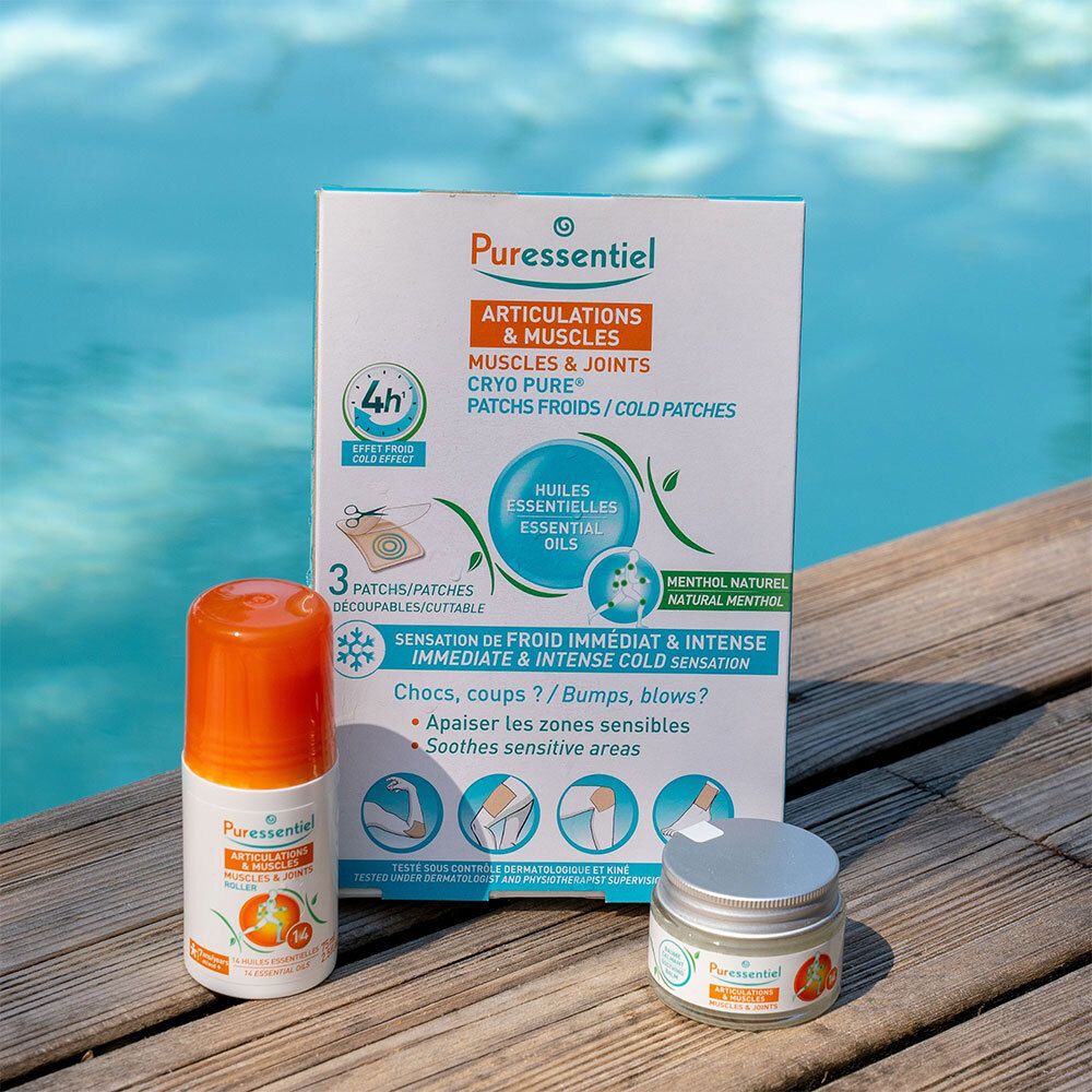 Boîte de patchs, roll-on et crème. Marque : Puressentiel. Texte : Articulations & Muscles, Cryo Pure.