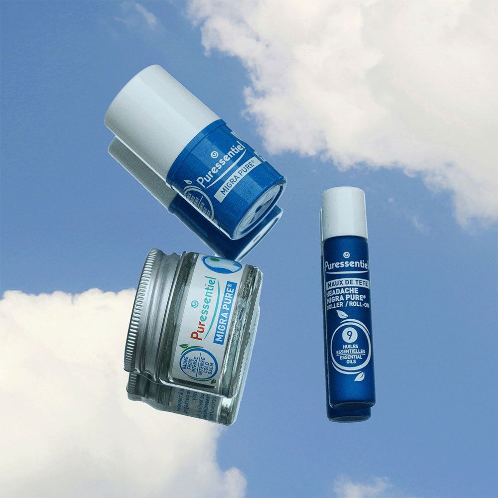 Trois produits. Marque : Puressentiel. Texte : Maux de tête. Roll-on, crème et verre.