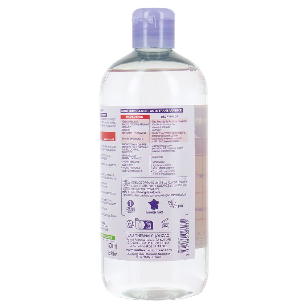 Rückseite der Jonzac Mizellenwasser-Flasche. Enthält Informationen zu Inhaltsstoffen und Zertifizierungen.
