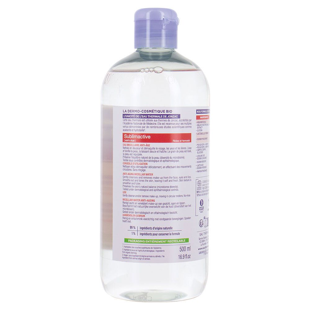 Rückseite der Jonzac Mizellenwasser-Flasche. Enthält Informationen zu Inhaltsstoffen und Anwendung.