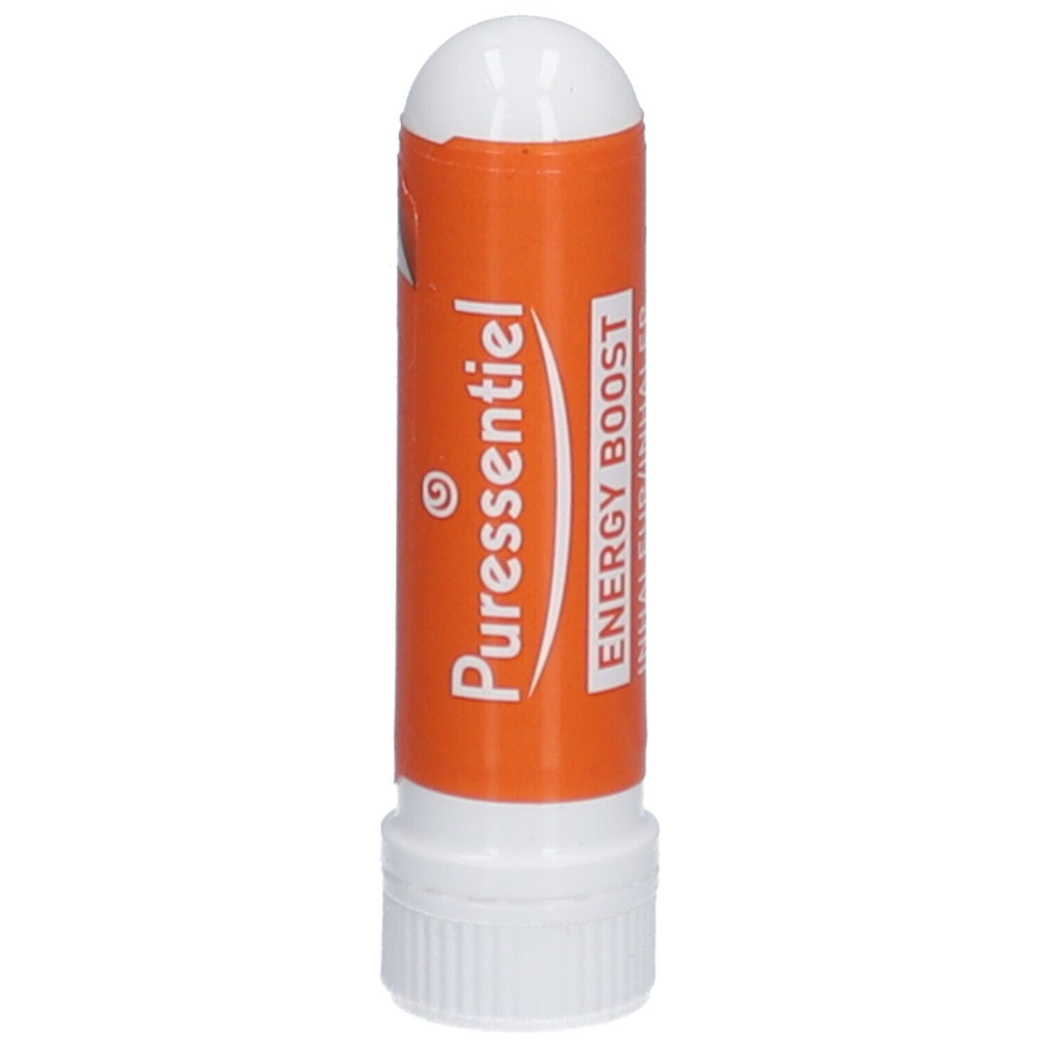 Inhalator mit weißem Deckel und orangefarbenem Körper. Aufschrift: PURESSENTIEL, ENERGY BOOST.