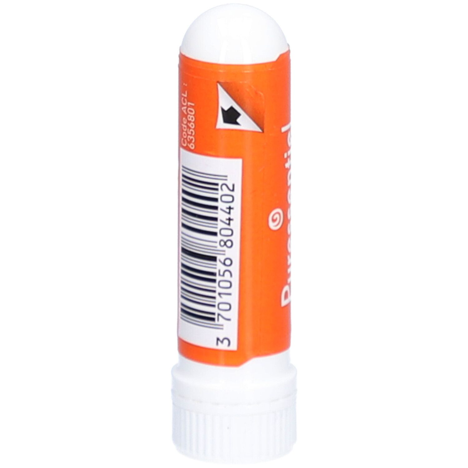 Inhalator, orangefarbener Körper, weißer Deckel. Barcode und Text.